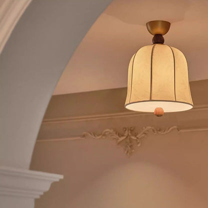 Traditional French Round Birdcage Shape Fabric Wood Metal 1-light Semi-flush Mount Ceiling Light for Living Room