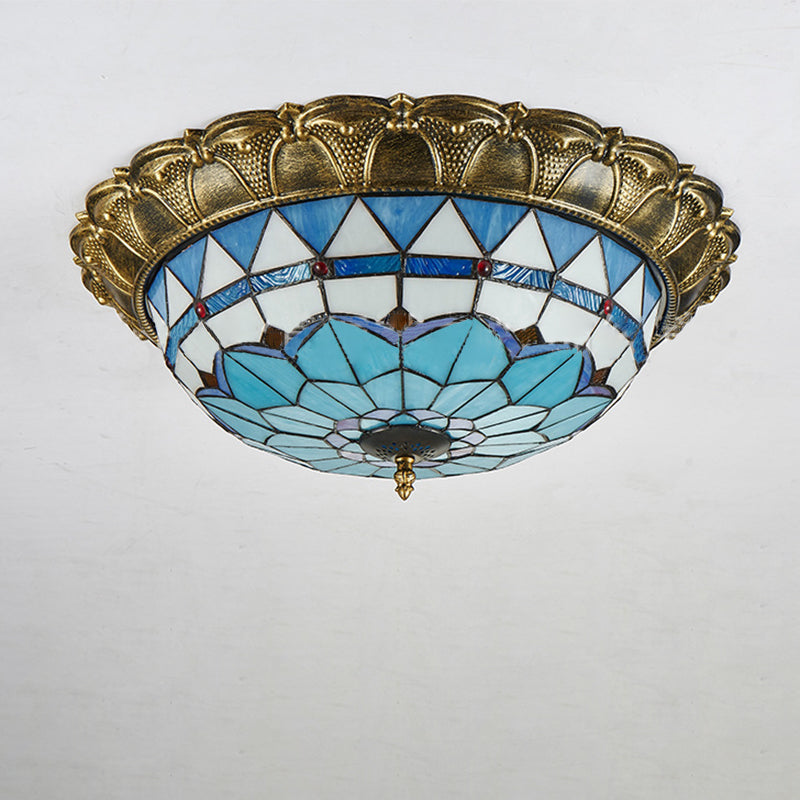 Traditional Tiffany Round Dome Iron Stained Glass LED Flush Mount Ceiling Light for Living Room