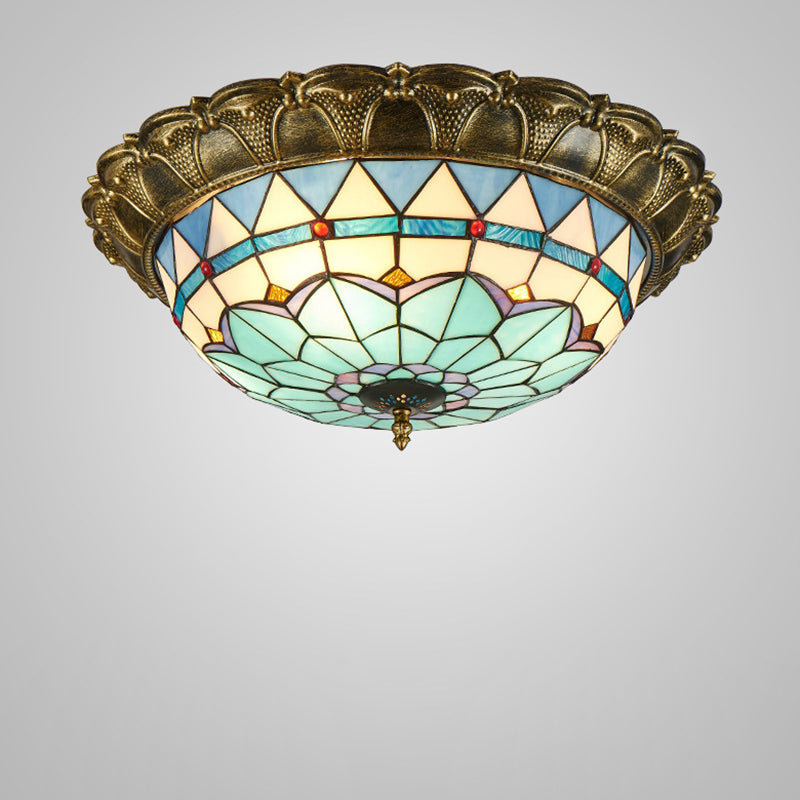 Traditional Tiffany Round Dome Iron Stained Glass LED Flush Mount Ceiling Light for Living Room