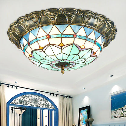 Traditional Tiffany Round Dome Iron Stained Glass LED Flush Mount Ceiling Light for Living Room