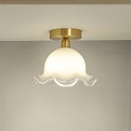 Contemporary Retro Round Cream Flower Full Copper Glass Shade 1-Light Semi-Flush Mount Ceiling Light For Living Room