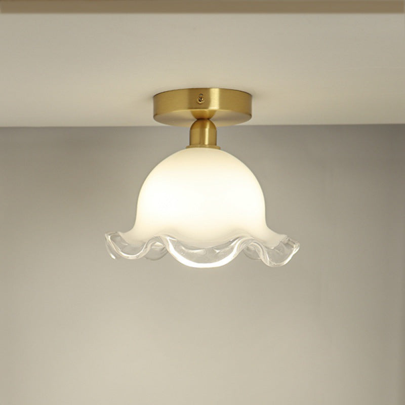 Contemporary Retro Round Cream Flower Full Copper Glass Shade 1-Light Semi-Flush Mount Ceiling Light For Living Room