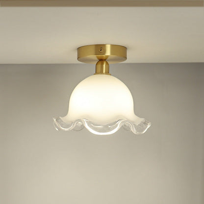 Contemporary Retro Round Cream Flower Full Copper Glass Shade 1-Light Semi-Flush Mount Ceiling Light For Living Room