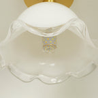 Contemporary Retro Round Cream Flower Full Copper Glass Shade 1-Light Semi-Flush Mount Ceiling Light For Living Room