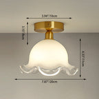 Contemporary Retro Round Cream Flower Full Copper Glass Shade 1-Light Semi-Flush Mount Ceiling Light For Living Room