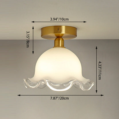 Contemporary Retro Round Cream Flower Full Copper Glass Shade 1-Light Semi-Flush Mount Ceiling Light For Living Room