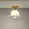 Contemporary Retro Round Cream Flower Full Copper Glass Shade 1-Light Semi-Flush Mount Ceiling Light For Living Room