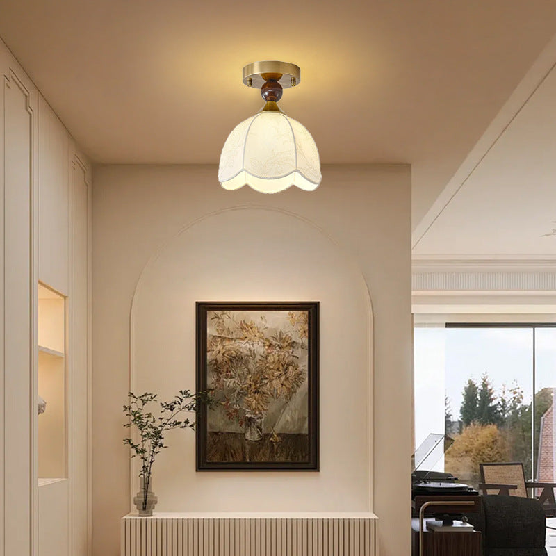 Contemporary Retro Domed Lace Printed Fabric Shade Hardware Wood 1-Light Semi-Flush Mount Ceiling Light For Living Room