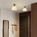 Contemporary Retro Domed Lace Printed Fabric Shade Hardware Wood 1-Light Semi-Flush Mount Ceiling Light For Living Room