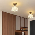 Contemporary Retro Domed Lace Printed Fabric Shade Hardware Wood 1-Light Semi-Flush Mount Ceiling Light For Living Room