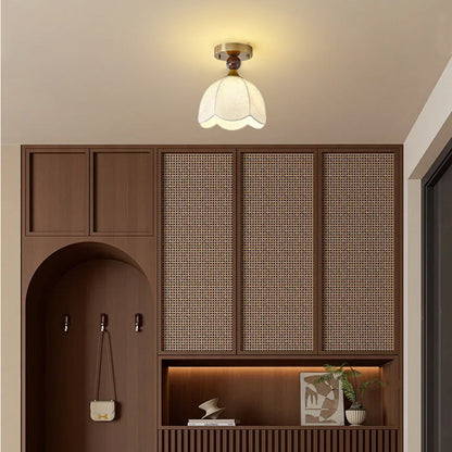 Contemporary Retro Domed Lace Printed Fabric Shade Hardware Wood 1-Light Semi-Flush Mount Ceiling Light For Living Room