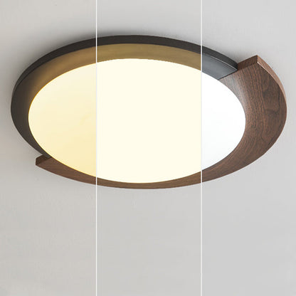 Contemporary Retro Round Wood Grain Iron Frame Acrylic Shade LED Flush Mount Ceiling Light for Living Room