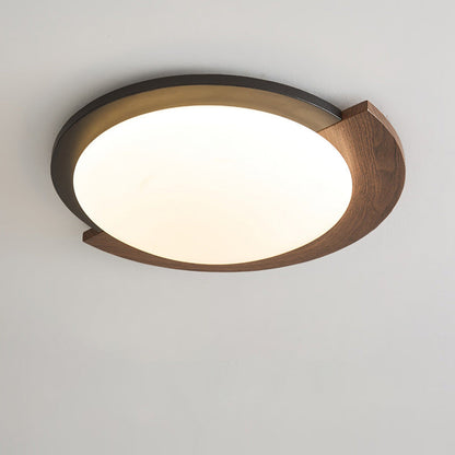 Contemporary Retro Round Wood Grain Iron Frame Acrylic Shade LED Flush Mount Ceiling Light for Living Room
