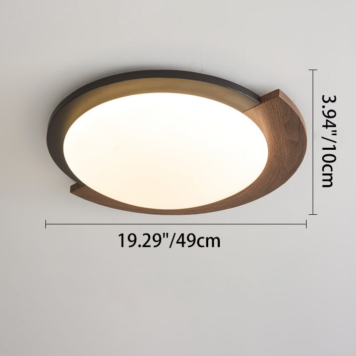 Contemporary Retro Round Wood Grain Iron Frame Acrylic Shade LED Flush Mount Ceiling Light for Living Room