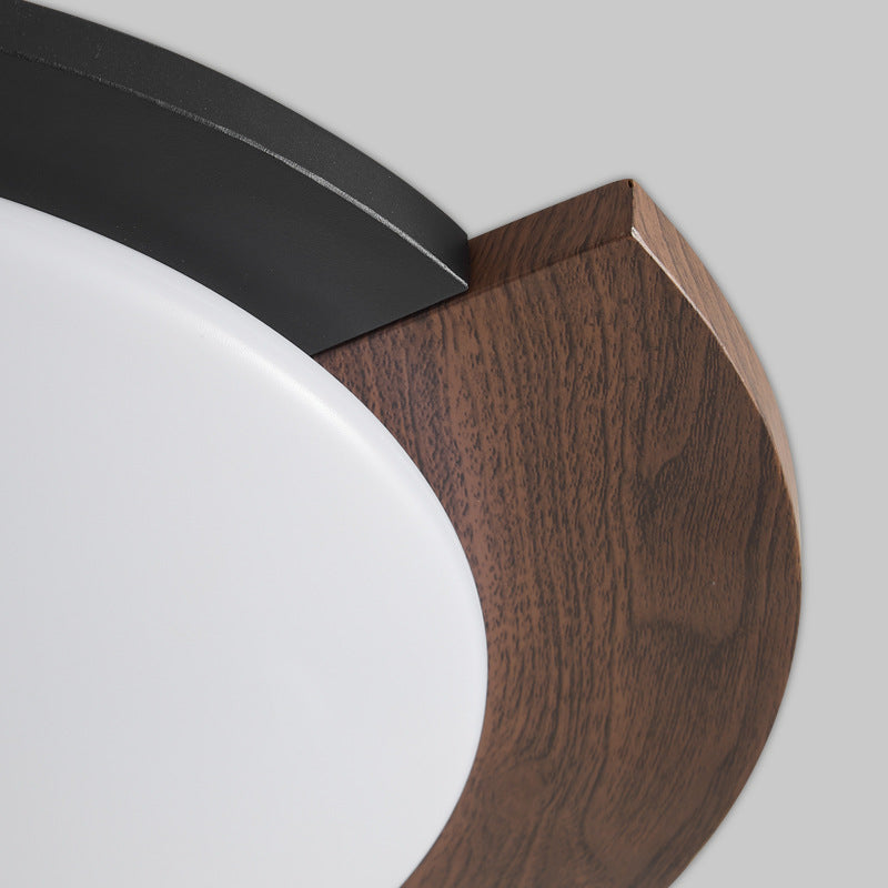 Contemporary Retro Round Wood Grain Iron Frame Acrylic Shade LED Flush Mount Ceiling Light for Living Room