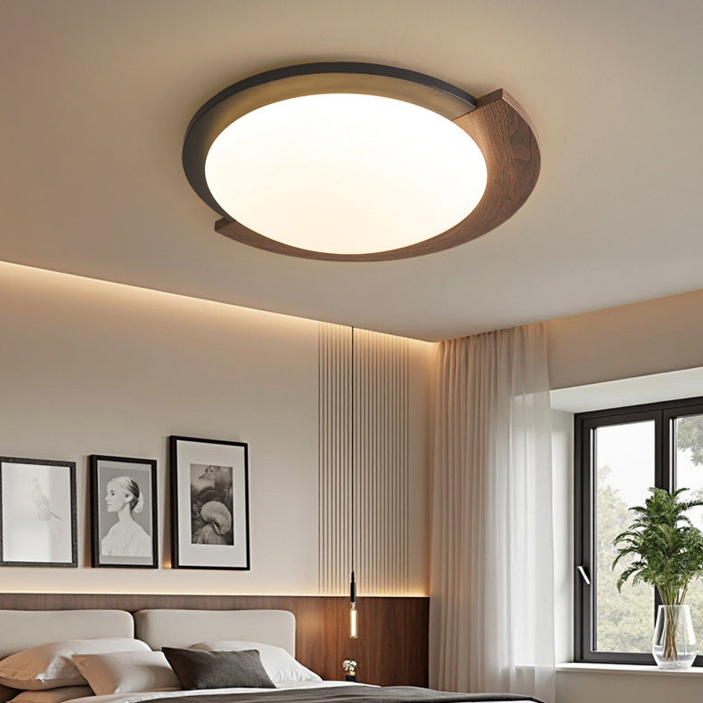 Contemporary Retro Round Wood Grain Iron Frame Acrylic Shade LED Flush Mount Ceiling Light for Living Room
