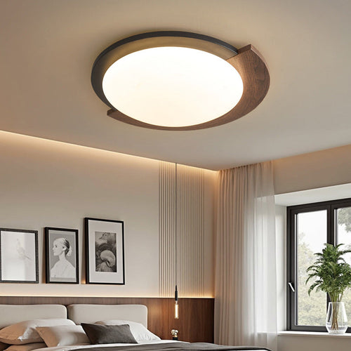 Contemporary Retro Round Wood Grain Iron Frame Acrylic Shade LED Flush Mount Ceiling Light for Living Room