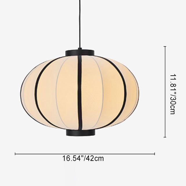 Traditional Japanese Oval Iron Frame Fabric Shade 1-Light Pendant Light For Living Room