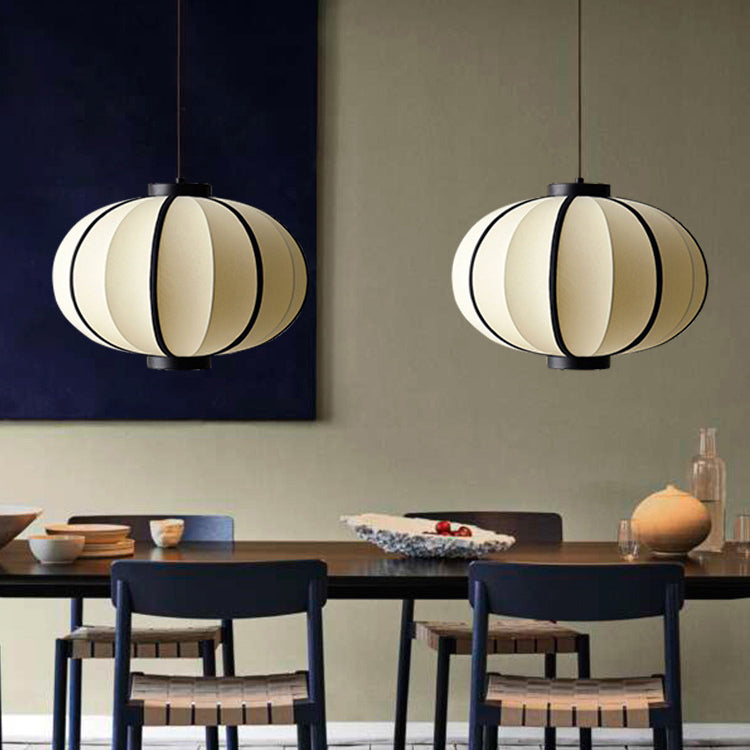 Traditional Japanese Oval Iron Frame Fabric Shade 1-Light Pendant Light For Living Room