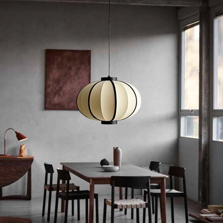 Traditional Japanese Oval Iron Frame Fabric Shade 1-Light Pendant Light For Living Room