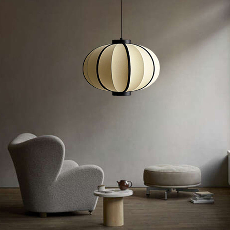 Traditional Japanese Oval Iron Frame Fabric Shade 1-Light Pendant Light For Living Room