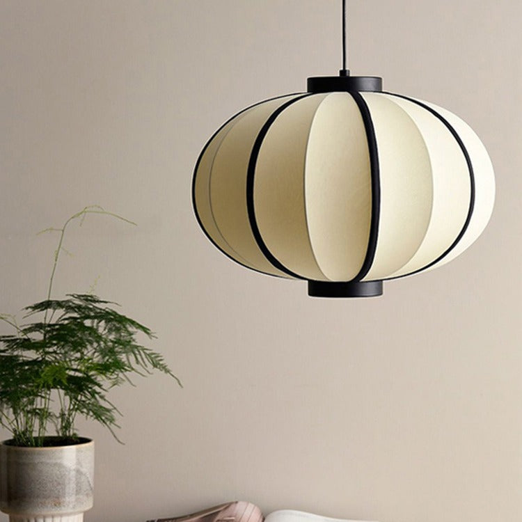 Traditional Japanese Oval Iron Frame Fabric Shade 1-Light Pendant Light For Living Room