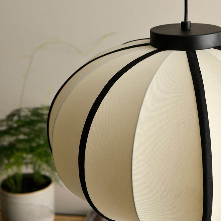 Traditional Japanese Oval Iron Frame Fabric Shade 1-Light Pendant Light For Living Room