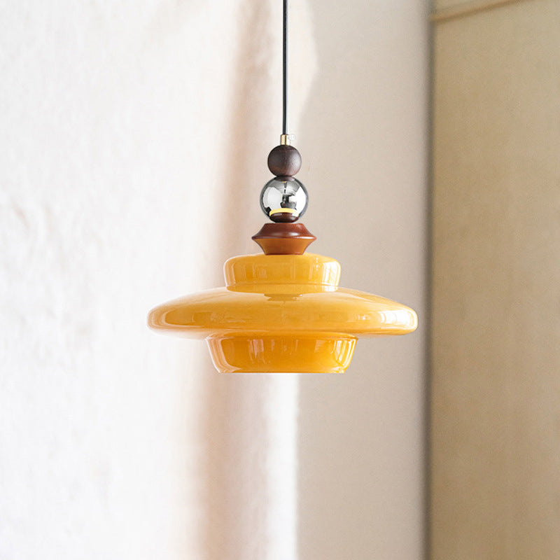Contemporary Retro Round Disc Orb Solid Wood Glass 1-Light Pendant Light For Living Room