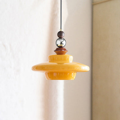 Contemporary Retro Round Disc Orb Solid Wood Glass 1-Light Pendant Light For Living Room