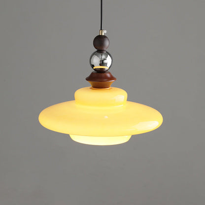 Contemporary Retro Round Disc Orb Solid Wood Glass 1-Light Pendant Light For Living Room