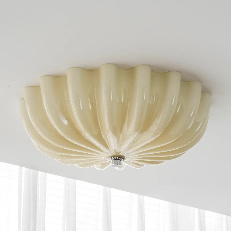 Contemporary Nordic Cream Round Stripe Metal Glass LED Flush Mount Ceiling Light for Living Room
