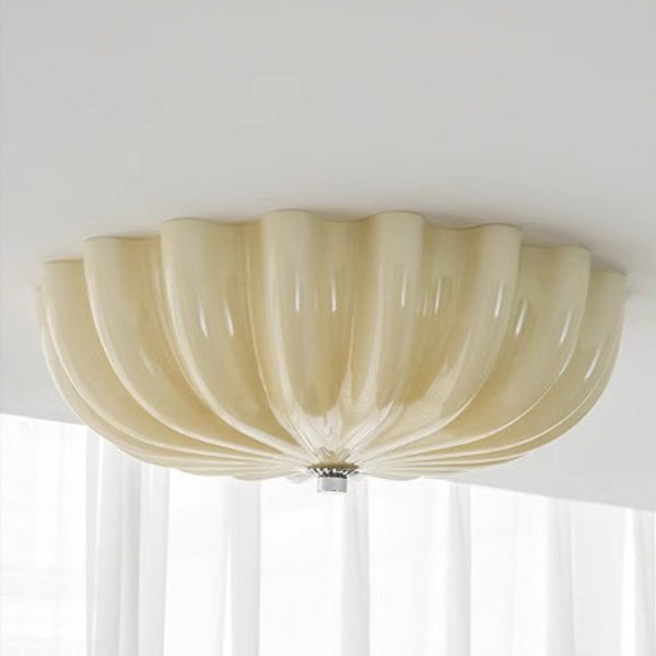 Contemporary Nordic Cream Round Stripe Metal Glass LED Flush Mount Ceiling Light for Living Room