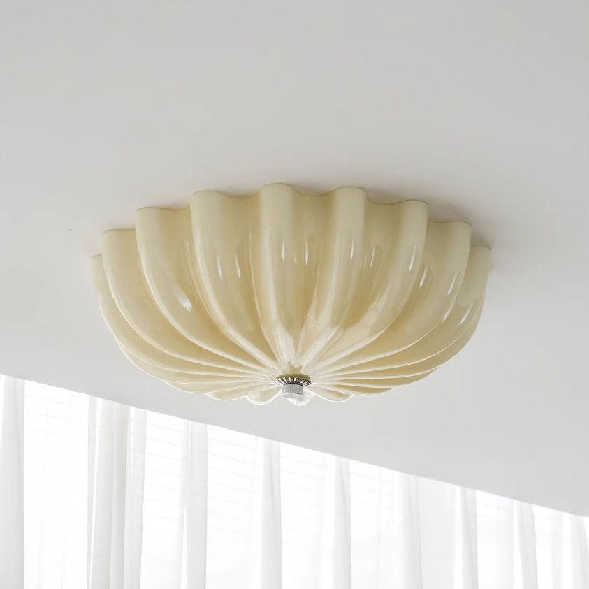 Contemporary Nordic Cream Round Stripe Metal Glass LED Flush Mount Ceiling Light for Living Room
