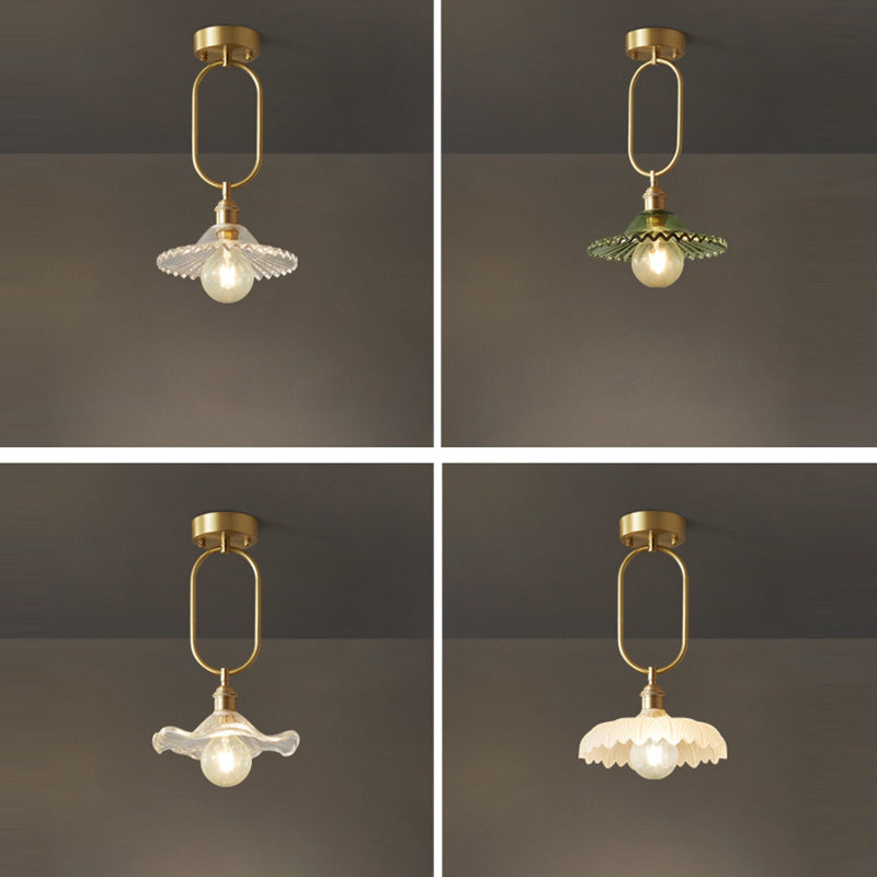 Modern Minimalist Oval Flower Copper Frame Glass Shade 1-Light Pendant Light For Living Room