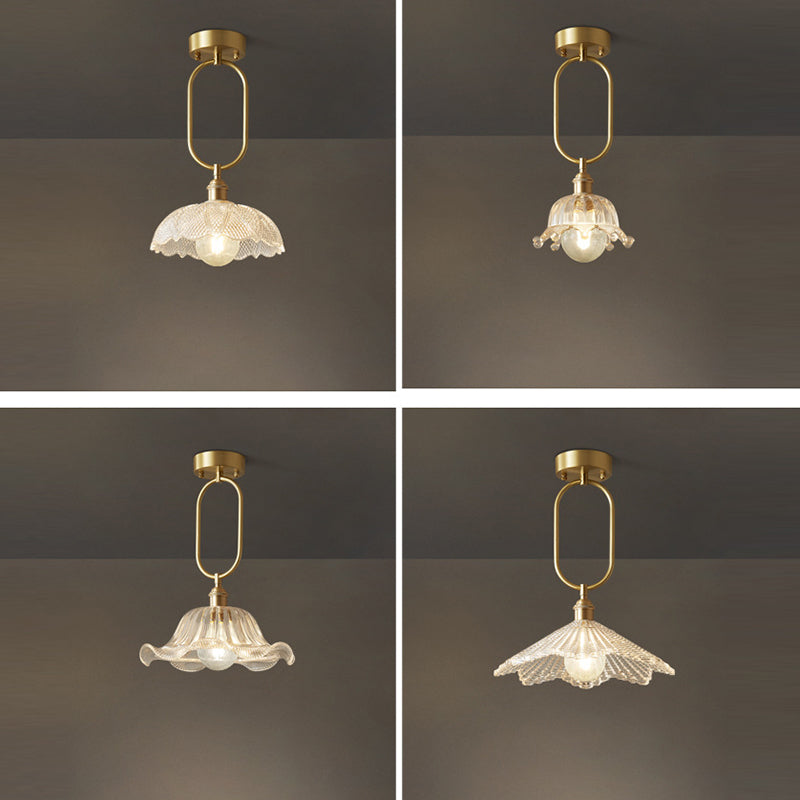 Modern Minimalist Oval Flower Copper Frame Glass Shade 1-Light Pendant Light For Living Room