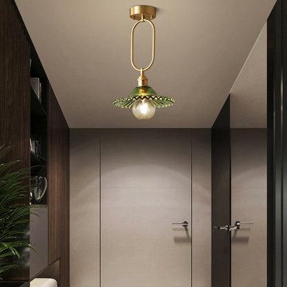 Modern Minimalist Oval Flower Copper Frame Glass Shade 1-Light Pendant Light For Living Room