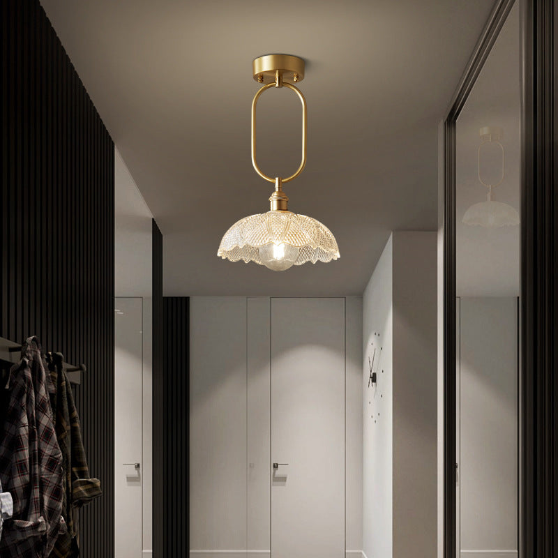 Modern Minimalist Oval Flower Copper Frame Glass Shade 1-Light Pendant Light For Living Room