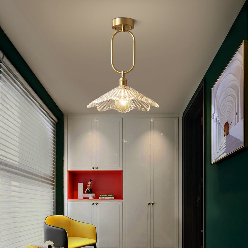 Modern Minimalist Oval Flower Copper Frame Glass Shade 1-Light Pendant Light For Living Room