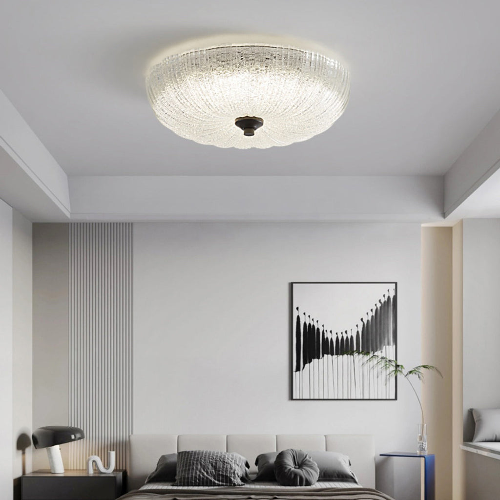 Contemporary Nordic Round Stripe Handmade Glass Copper LED Flush Mount Ceiling Light For Living Room