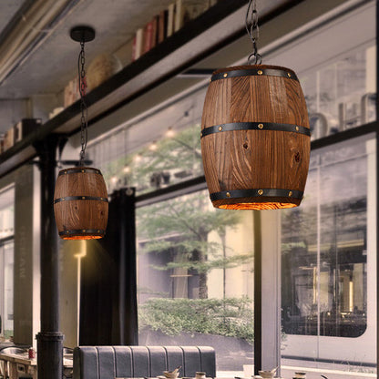 Traditional Rustic Round Barrel Wood Iron 1-Light Pendant Light For Dining Room