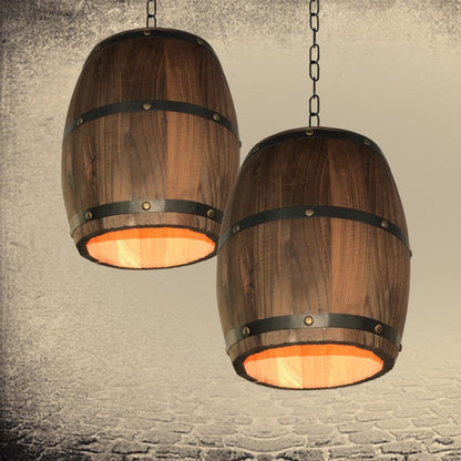 Traditional Rustic Round Barrel Wood Iron 1-Light Pendant Light For Dining Room