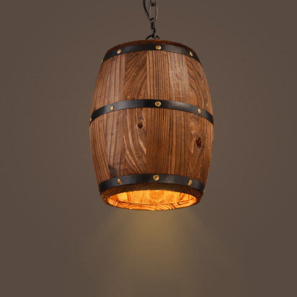 Traditional Rustic Round Barrel Wood Iron 1-Light Pendant Light For Dining Room