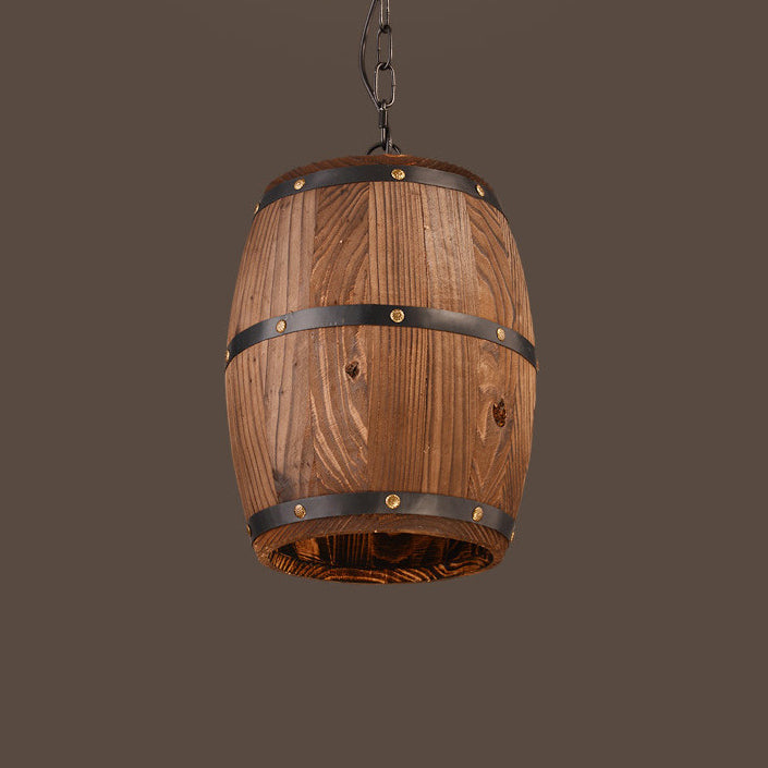 Traditional Rustic Round Barrel Wood Iron 1-Light Pendant Light For Dining Room