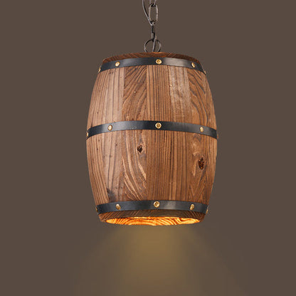 Traditional Rustic Round Barrel Wood Iron 1-Light Pendant Light For Dining Room