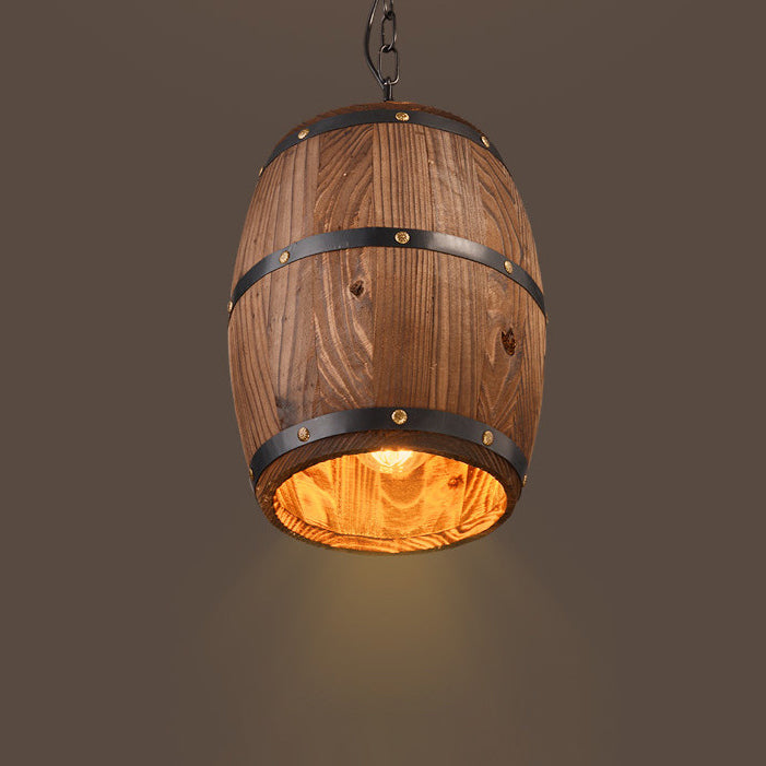 Traditional Rustic Round Barrel Wood Iron 1-Light Pendant Light For Dining Room