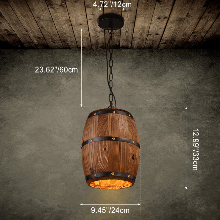 Traditional Rustic Round Barrel Wood Iron 1-Light Pendant Light For Dining Room