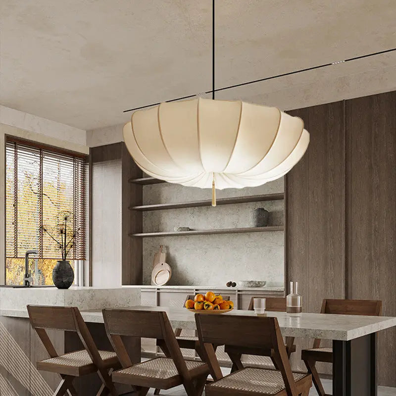 Traditional Japanese Round Iron Frame Fabric Shade 3/5 Light Chandelier for Living Room Lumendat