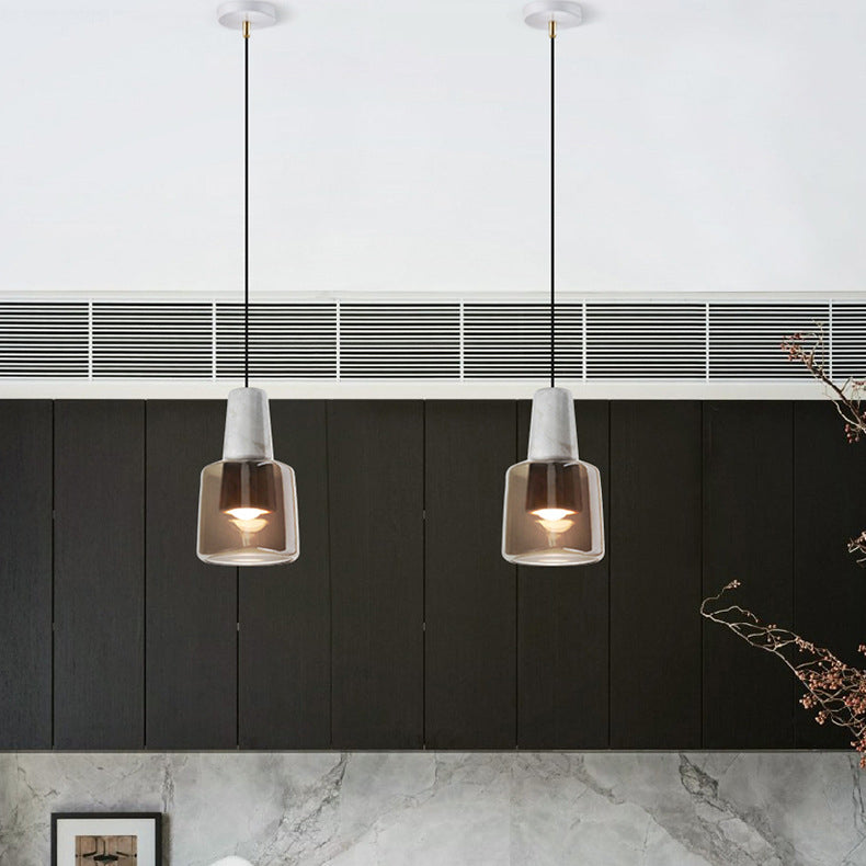 Contemporary Nordic Round Cylinder Marble Glass Shade 1-Light Pendant Light For Living Room