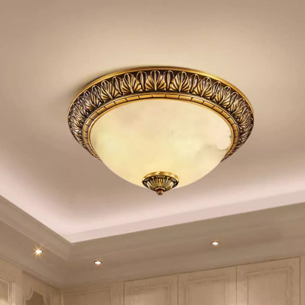 Traditional European Round Dome Brass Frame Glass Shade 2/3/4 Flush Mount Ceiling Light for Living Room