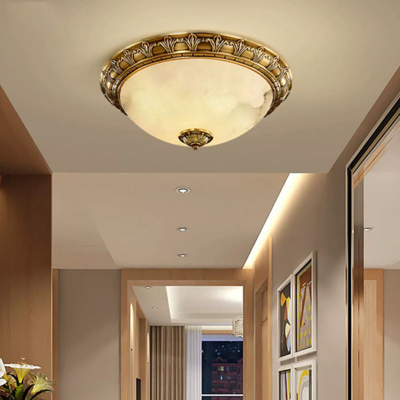 Traditional European Round Dome Brass Frame Glass Shade 2/3/4 Flush Mount Ceiling Light for Living Room